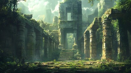 Majestic Overgrown Ruins Shrouded in Lush Jungle Foliage