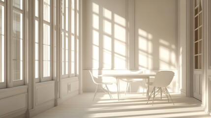 Minimalist Dining Room with Natural Light and White Interior Design - A minimalist dining room with a white table and chairs bathed in natural light streaming through large windows. The room's white w