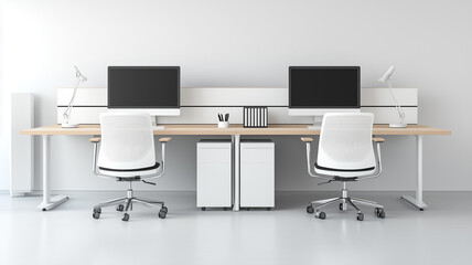 office workspace, with ergonomic chairs, dual monitors, and a clean, organized desk, reflecting a contemporary and efficient work environment