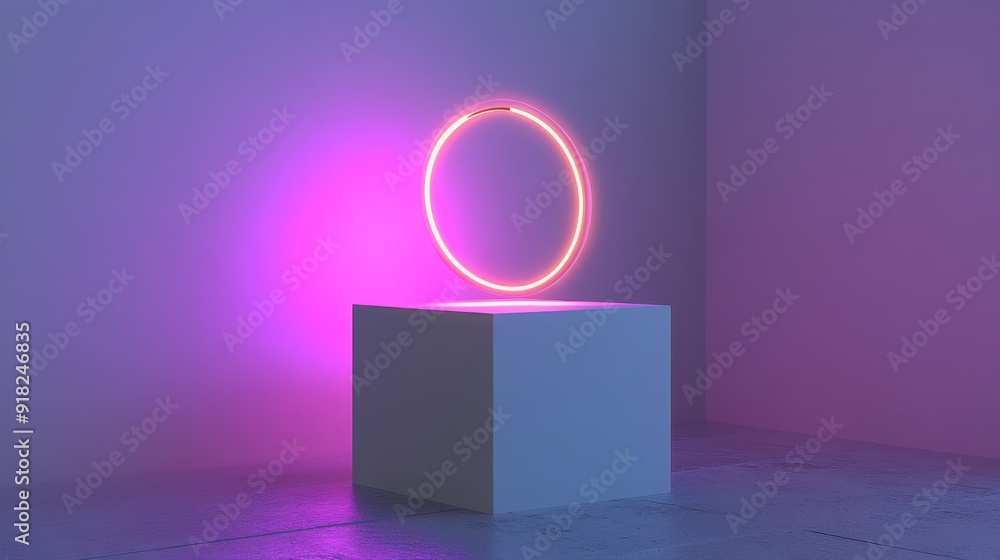 Poster minimalist neon circle on white cube with pink lighting - a simple yet captivating image featuring a