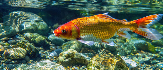 Naklejka premium Berry-colored fish swimming in a clear stream, nature, aquatic beauty