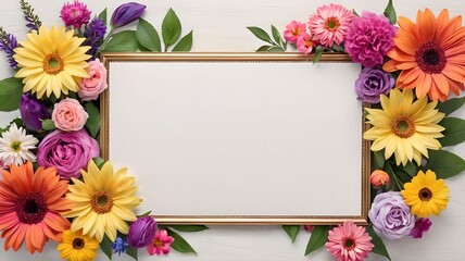 Flowers around the frame, white background, lots of space for text, empty space. Banner, layout