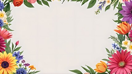 Fototapeta premium Flowers around the frame, white background, lots of space for text, empty space. Banner, layout