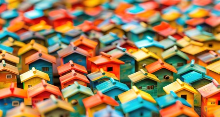 Naklejka premium A colorful close up shot of miniature houses, a creative representation of a neighborhood or community.