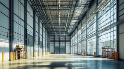 Modern Industrial Warehouse Interior with Sunlight Streaming Through Large Windows - A spacious industrial warehouse with high ceilings, large windows letting in natural light, a concrete floor, and a