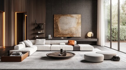 Modern Living Room with Sectional Sofa, Artwork, and Natural Light - This modern living room features a spacious sectional sofa, a large abstract painting, and natural light streaming in from large wi