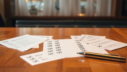 Obraz premium an elegant checklist with numerous unchecked items sprawled across a polished wooden table surrounded by a stylish new year card-inspired design adding a touch of sophisticati