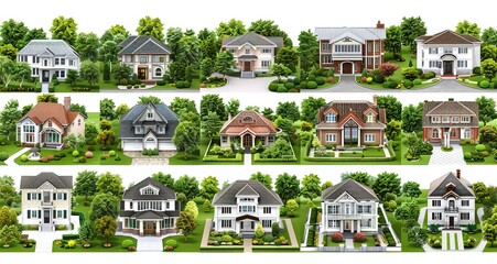 Collection of 12 miniature houses with green lawns and trees against a white background.