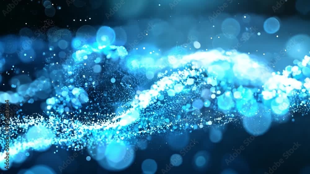 Poster brilliant blue waves of light create a stunning abstract composition as sparkling particles float in