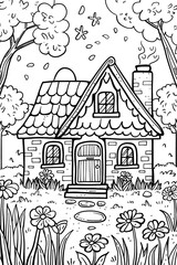 Fototapeta premium A monochromatic illustration of a building nestled among trees and flowers, showcasing intricate details of the propertys architecture and surrounding botany