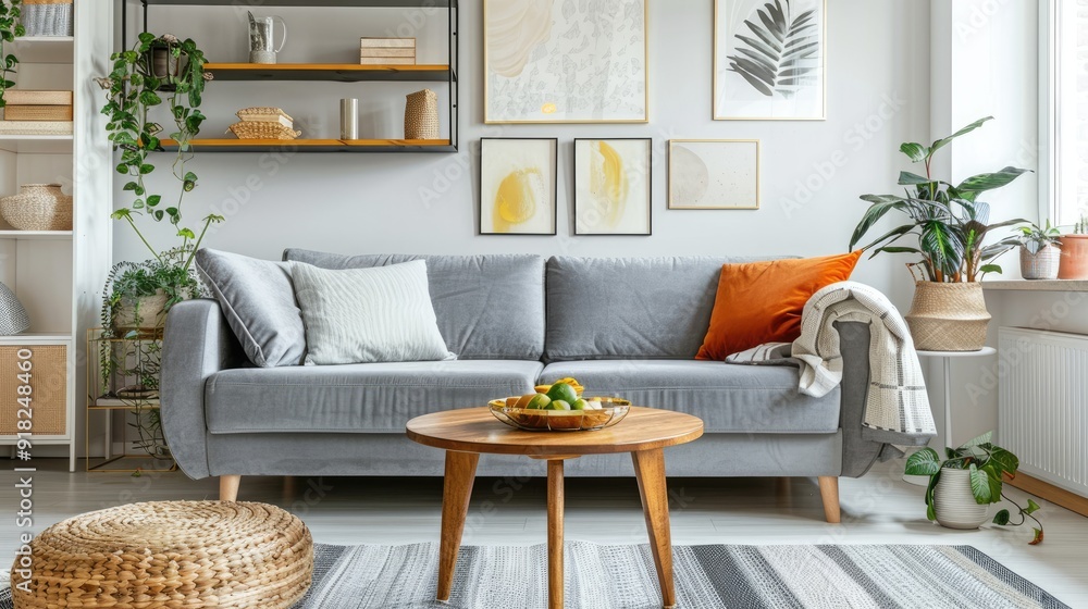 Poster Bright living room with grey couch, table, and shelves