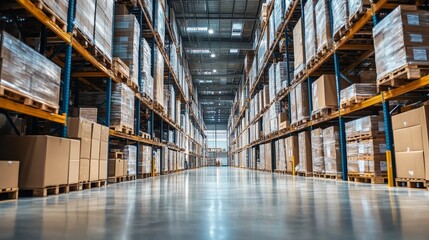 Fototapeta premium Modern Warehouse Storage With Endless Rows of Cardboard Boxes - A vast warehouse interior featuring rows of stacked cardboard boxes on shelves, symbolizing efficient logistics, inventory management, a