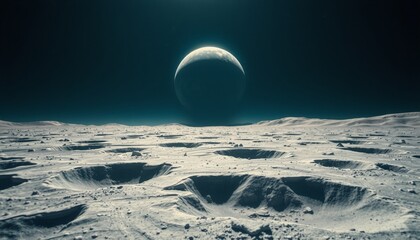 surreal lunar landscape with deep craters earth rising above light mode vibrant color grading first-person perspective HDR image with rich details