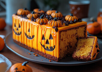 A close-up of a homemade Halloween loaf cake decorated with orange icing, chocolate chips, and fondant pumpkin faces. The cake is sliced to reveal a warm, spiced interior. Perfect for a Halloween part