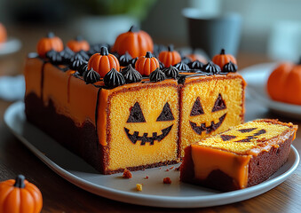 A close-up of a homemade Halloween loaf cake decorated with orange icing, chocolate chips, and fondant pumpkin faces. The cake is sliced to reveal a warm, spiced interior. Perfect for a Halloween part