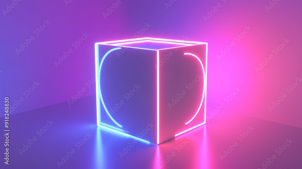 Poster neon cube abstract background with pink and blue glow - a white cube with neon lights surrounding it