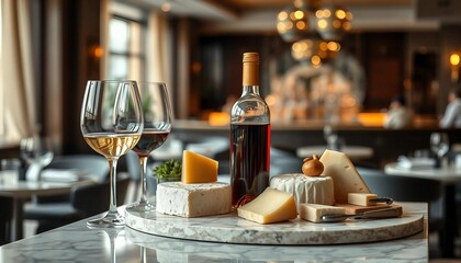A sophisticated wine and cheese arrangement is elegantly displayed on a rustic wooden table in a chic restaurant. Warm lighting highlights the rich hues of the wine and textures of artisanal cheeses