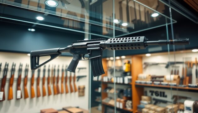 high-quality gun in a gun store display glass shelf providing clear view subtle lighting accentuates the gun s details adjacent sections display related gun accessories