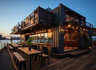 Fototapeta premium Stylish Shipping Container Cafe by the Harbour