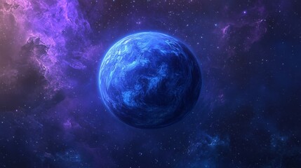 Fototapeta premium A blue planet surrounded by a purple nebula in the dark vastness of space.
