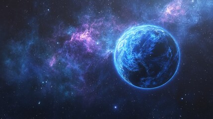 Fototapeta premium A blue planet orbits in a starry, nebula filled space.