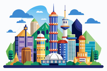 Obraz premium Colorful Cityscape with Skyscrapers and Green Spaces