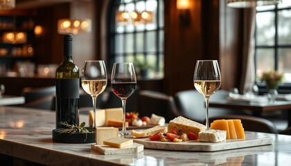 A sophisticated wine and cheese arrangement is elegantly displayed on a rustic wooden table in a chic restaurant. Warm lighting highlights the rich hues of the wine and textures of artisanal cheeses
