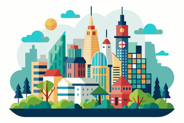 Obraz premium A Colorful Cityscape with Buildings, Trees, and Clouds