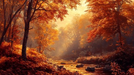 A river flows through a beautiful forest with golden leaves.