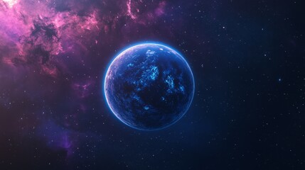 A single planet in a starry sky with nebulae in the background.