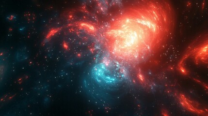 Naklejka premium A swirling nebula of red and blue in a dark space filled with stars.