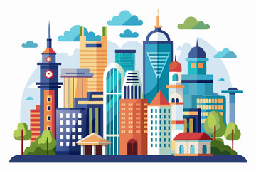 Fototapeta premium A Colorful Illustration of a City Skyline with Buildings, Trees, and Clouds