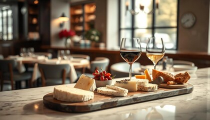 A sophisticated wine and cheese arrangement is elegantly displayed on a rustic wooden table in a chic restaurant. Warm lighting highlights the rich hues of the wine and textures of artisanal cheeses