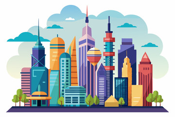 Obraz premium Colorful Cityscape with Skyscrapers and Clouds