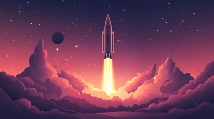 Naklejka premium Rocket Launch Into The Night Sky - A rocket blasts off into the night sky, leaving a trail of fire and smoke behind it. The rocket is surrounded by clouds and stars, symbolizing ambition, innovation, 
