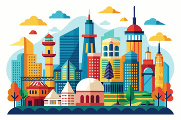 Obraz premium A Colorful Cityscape with Tall Buildings, Trees, and a Bridge