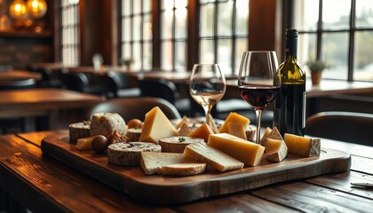 A sophisticated wine and cheese arrangement is elegantly displayed on a rustic wooden table in a chic restaurant. Warm lighting highlights the rich hues of the wine and textures of artisanal cheeses