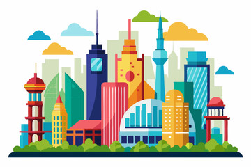 Fototapeta premium Colorful cityscape with skyscrapers, clouds, and trees