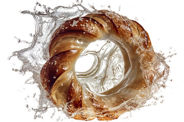 Obraz premium A freshly baked pretzel with sesame seeds creates a dramatic splash of water, captured in a captivating still life.