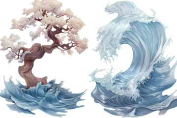 A stylized illustration of a large wave crashing against a blossoming tree with a black background.