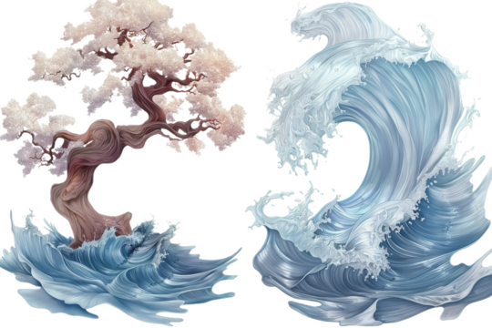 A stylized illustration of a large wave crashing against a blossoming tree with a black background.