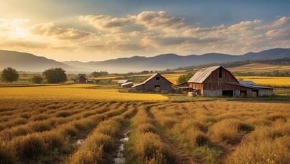 Fototapeta premium Sustainable Farming, golden fields, rustic barns. Organic agriculture, eco-friendly practices, harmony between nature, farming. Ideal farm-to-table. Sustainable rural lifestyles