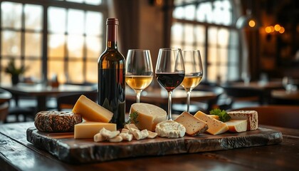 A sophisticated wine and cheese arrangement is elegantly displayed on a rustic wooden table in a chic restaurant. Warm lighting highlights the rich hues of the wine and textures of artisanal cheeses