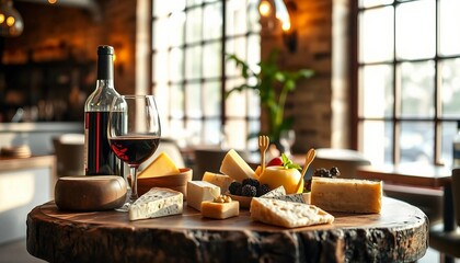 A sophisticated wine and cheese arrangement is elegantly displayed on a rustic wooden table in a chic restaurant. Warm lighting highlights the rich hues of the wine and textures of artisanal cheeses