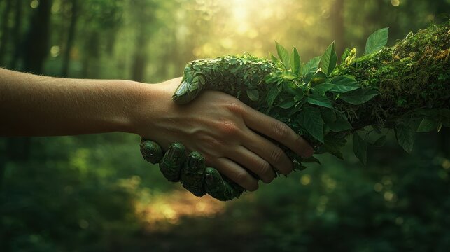 A human hand shaking a green, plant-covered hand in a forest setting, symbolizing environmental cooperation, sustainability, and harmony between humanity and nature.