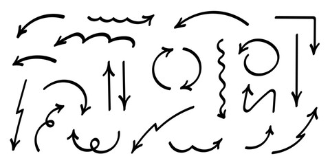 Hand drawn crayon arrows set different shapes and directions. Black color ink brush design elements vector collection.