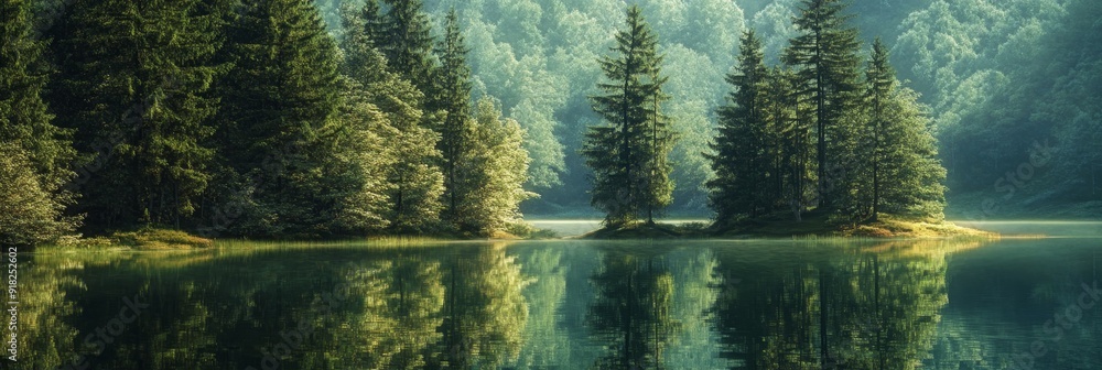 Poster serene forest reflection in still water - tranquil forest scene with tall pine trees reflected in a 