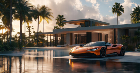 a luxury lifestyle, featuring a sleek sports car parked in front of a modern mansion with palm trees and a sparkling pool in the background