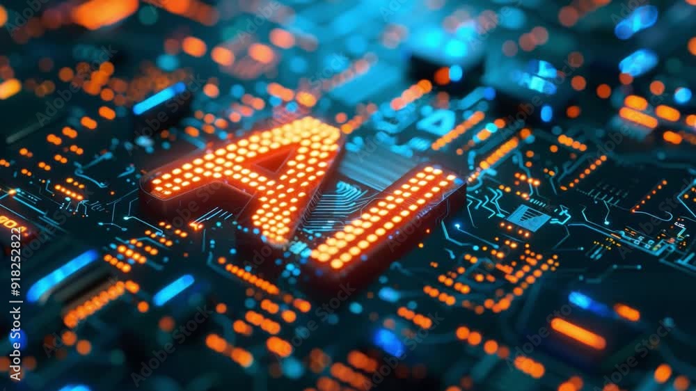 Poster illuminated letters spelling ai on a dark printed circuit board surrounded by intricate electronic c