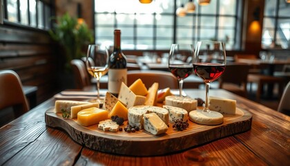 A sophisticated wine and cheese arrangement is elegantly displayed on a rustic wooden table in a chic restaurant. Warm lighting highlights the rich hues of the wine and textures of artisanal cheeses